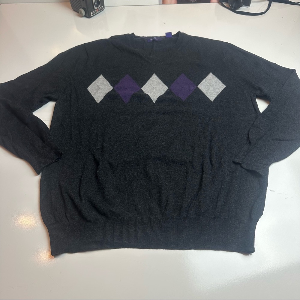 Alan Flusser Argyle Sweater Men L Black Purple Gray Preppy Academia Crewneck